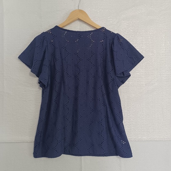 Ann Taylor Factory Size M Flutter Sleeve Eyelet Knit Top Tee Tunic Navy Blue NEW - Picture 2 of 8
